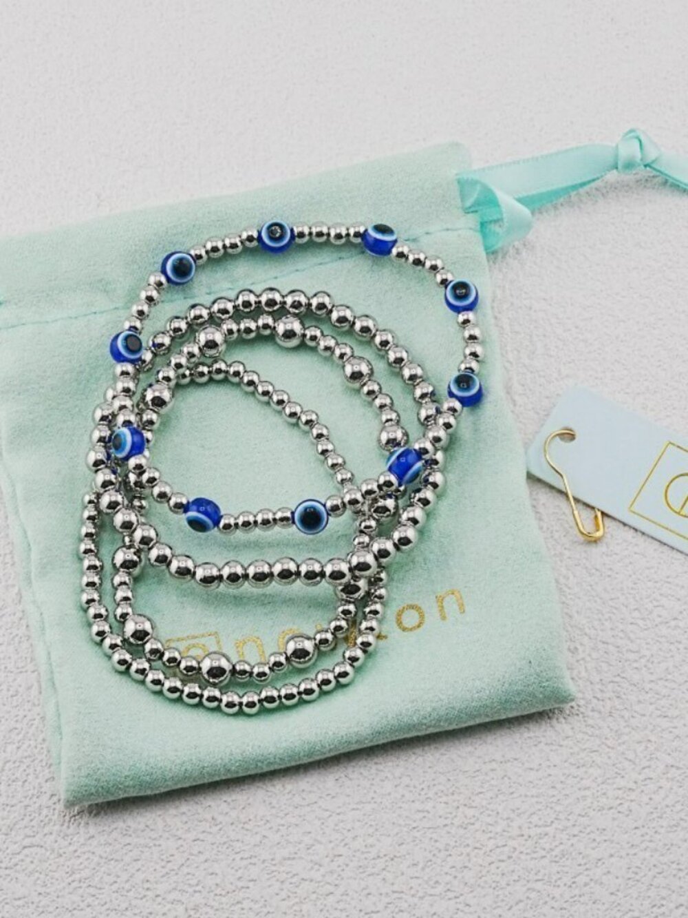 💖Enewton 4pcs Silver & Blue Evil Eye Bracelet Set